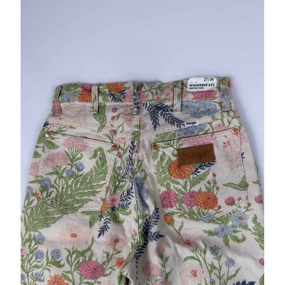 Wrangler Floral Flare Jeans Womens 27 Cream Botanical Print 70s Boho Bell Bottom - Picture 9 of 16